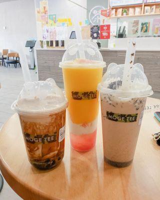 Brown sugar boba, mango pomelo, and oreo milk tea