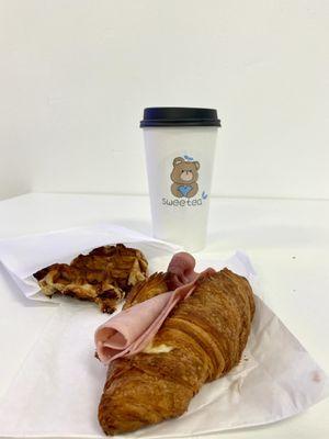 Ham & cheese croissant and Belgium waffle