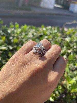 Engagement ring set with 2 carat lab diamond radiant cut framed with vintage inspired bands