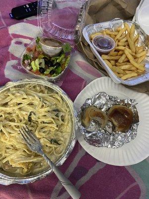 Chicken Alfredo Pasta, French Fries.