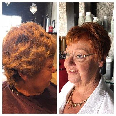 Big transformation with an Irish setter red  highlights and lowlights for dimension.