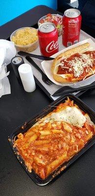 Baked ziti, meatball sub, mac 'n cheese and cucumber/tomato salad