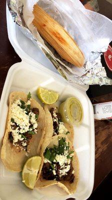 Steak tacos & chicken tamale