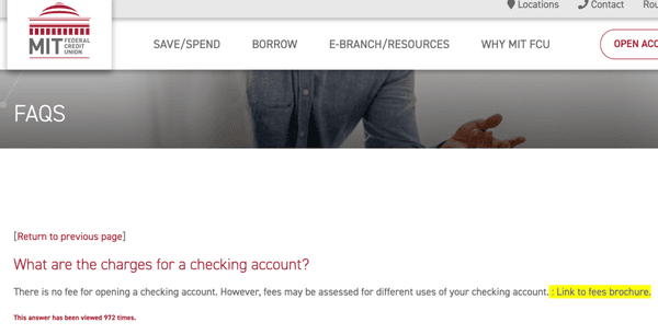 FAQ about checking account fee structure has a "link to brochure here" but no actual link.