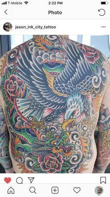 Large scale American Traditional back piece by Jason. The owner and founder of Ink City Tattoo Studio.