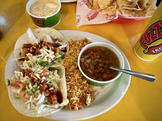 Taco Plate with Grilled Fish Tacos on Soft Corn Tortilla with Borracho Beans and Fuzzy's Rice