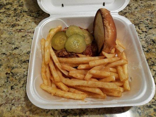 Pulled BBQ Pork.  Very good.  Fries were hot and seasoned