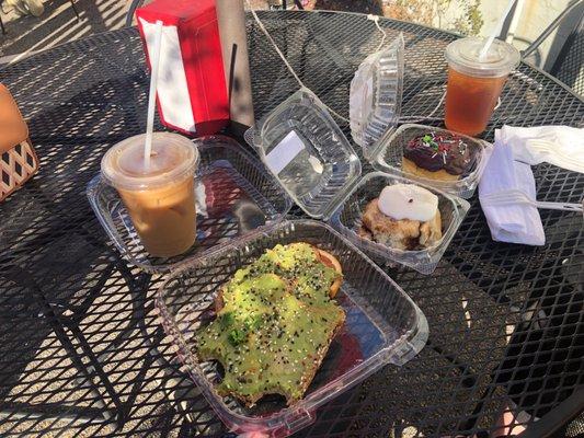 Avocado Toast, Cinnamon Roll, Nutella Donut, Iced Tea and Iced Coffee