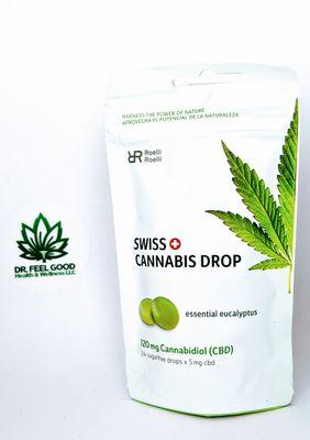 Delicious eucalyptus CBD gum drops from Switzerland with 5 mg of CBD in every individually wrapped drop.