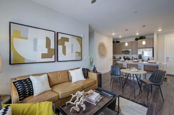 Modern kitchen and living room.