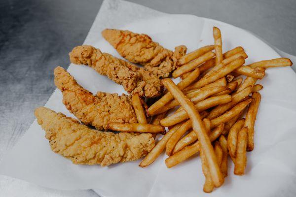 Chicken tenders and fries.