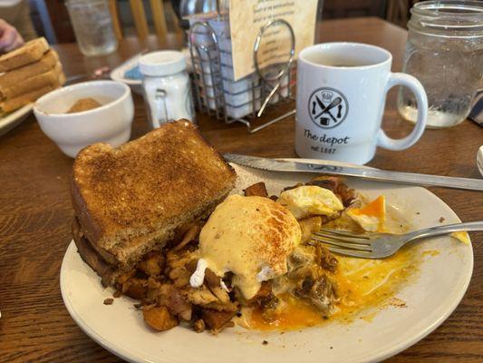 Smoked chicken Benedict with extra toast, great mug of coffee, and a cinnamon muffin.