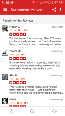 More Yelp corruption. Note the review stating outright that they were paid $20 to leave the review, yet Yelp considers this a solid review.