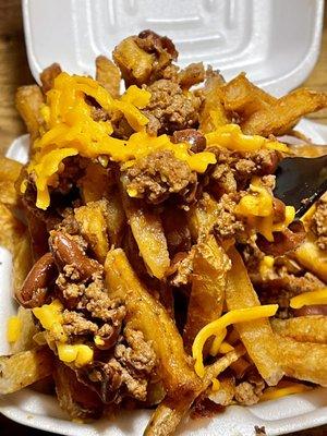 Small beef chili fries - a forkful