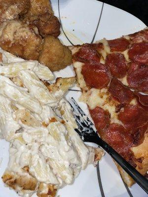 Our pizza, chicken Alfredo, & Garlic Parm chicken bites..yummy yummy!! Worth the extra gym time!! Lol