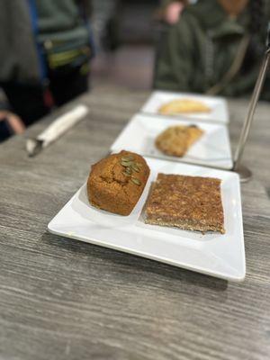 Pecan bar, pumpkin loaf, hand pies