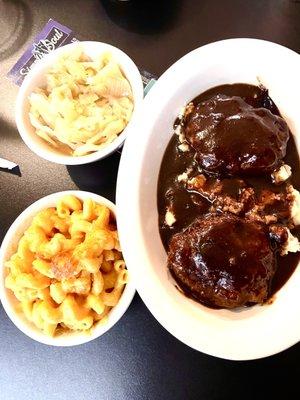 Hamburger steak and rice , Cabbage and Mac and cheese