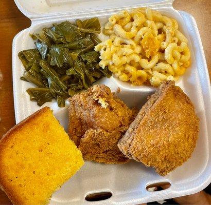 Collard greens, mac&cheese, fried chicken and cornbread