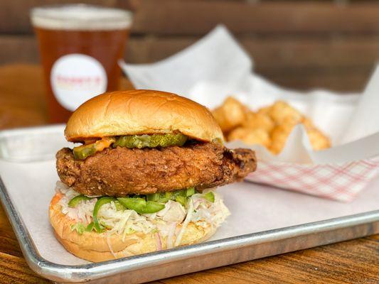 Daddy's Burgers Fried Chicken Sandwich with house-slaw, jalapeños, pickles and spicy special sauce