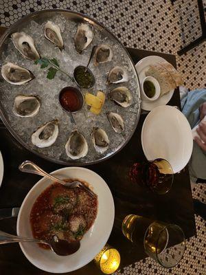 Oysters, Meatball, Peroni Beer