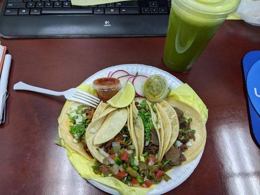 Two al pastor tacos, two lengua tacos, Bali Jugo de Frutas