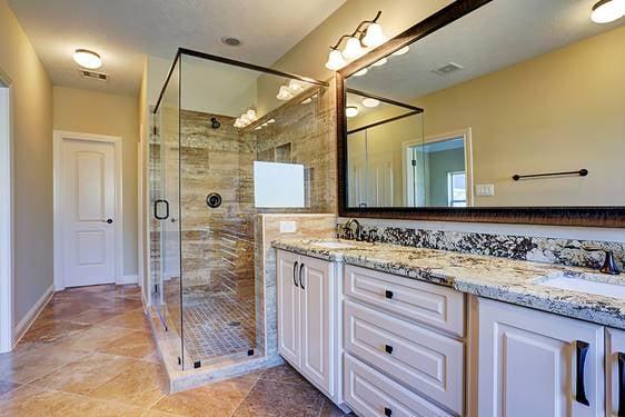 Oversized Walk-In Shower + His/Her Vanity - rich browns & tans....