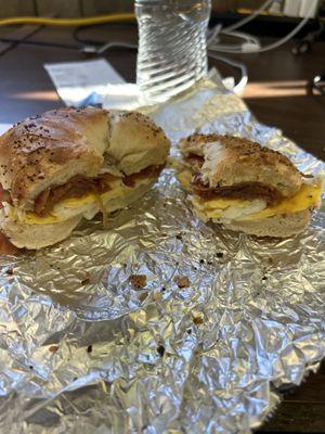 Bacon egg and cheese on an everything bagel