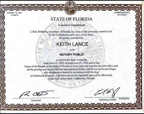 State of Florida Notary Public Certification