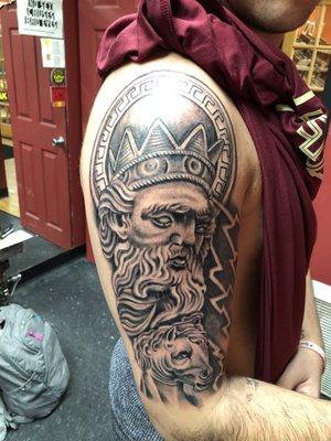 Fresh Zeus and horse black and grey tattoo done by gordan