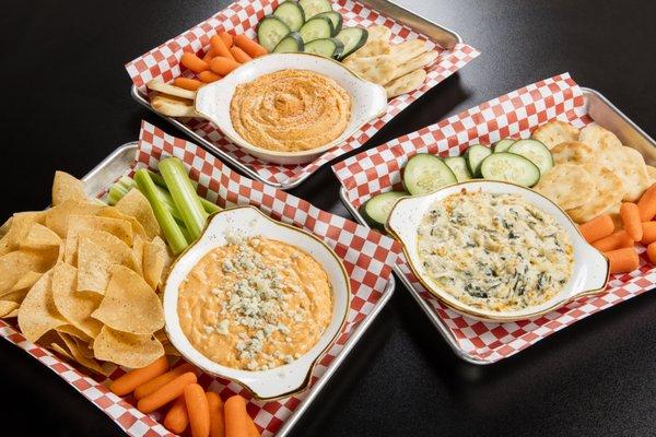 Buffalo Chicken Dip, Spinach Artichoke Dip & Red Pepper Hummus