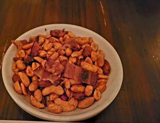 Spiced mixed nuts with bacon, yum!