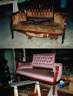 Fire damaged settee restored and reupholstered