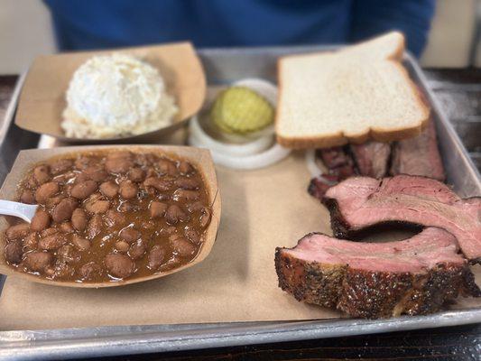 2 meats- ribs, brisket. Beans & baked potato salad.