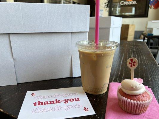 Caramel Iced Latte with Oatmilk and a Strawberry Cupcake