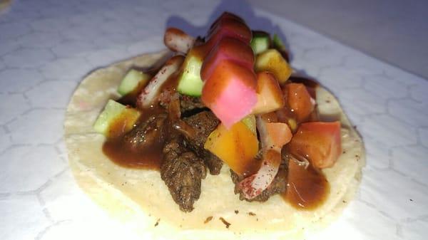 Beef Shawarma Taco with Middle Eastern BBQ sauce.