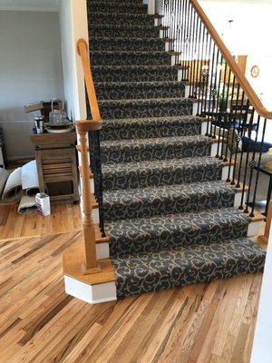 Tuftex Mallorca decorative stair pattern carpet, Shaw pre-finished hardwood diagonal install