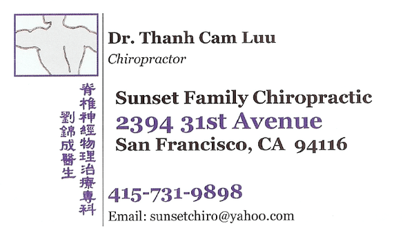 Dr. Thanh Luu's current address:  2394 31st Avenue (and Taraval).  Visit date: 3/12/2012