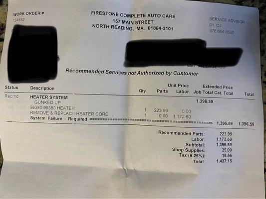 Original diagnosis and price from another mechanic. About 87% higher than Stonebriar.