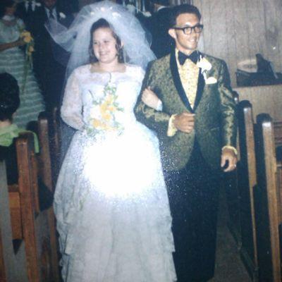 Eddie and Donna on August 4, 1971. (What do you think about his Buddy Holly glasses and brocade jacket?)