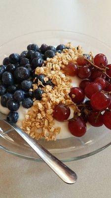 Plain yogurt with blueberries, granola, and grapes at the yogurt and fruit bar