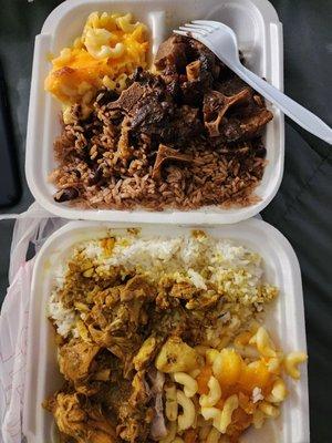 Oxtail, rice and peas, macaroni pie Curry chicken, white rice, macaroni pie