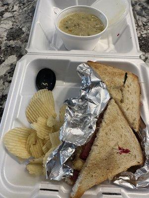 Ruben on sourdough with green Chile soup