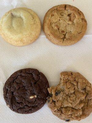 Cookies part of lunch course, starting from the brownest going clockwise: espresso shot, raspberry filled, peanut butter, oatmeal