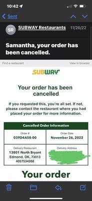 Initial email of my order being cancelled with no reason as to why.