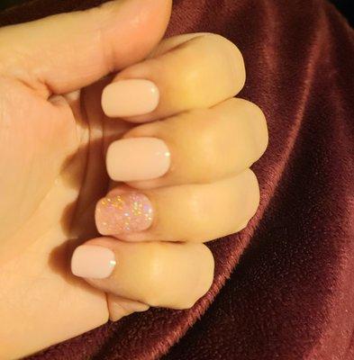 Light pink with a party sparkly nail.