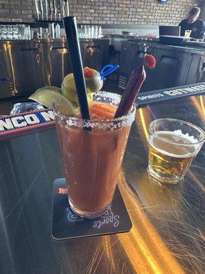 Bloody Mary with a beer back.