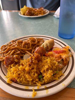 Rice, noodles, egg roll, orange chicken, lobster and cheese.