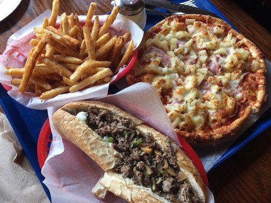 Steak and cheese,Hawaiian pizza and Fries