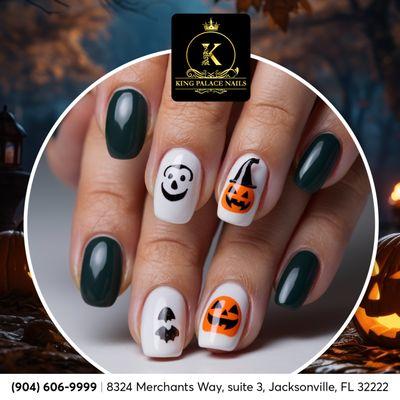 Witchy nails, anyone? Embrace the magic of Halloween with dark and mystical designs at our salon. ‍