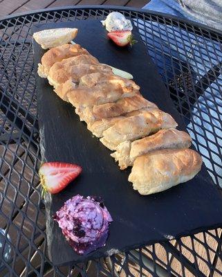 Freshly Baked Bread with Wine Berry Infused Butter and White Wine Garlic Infused Butter